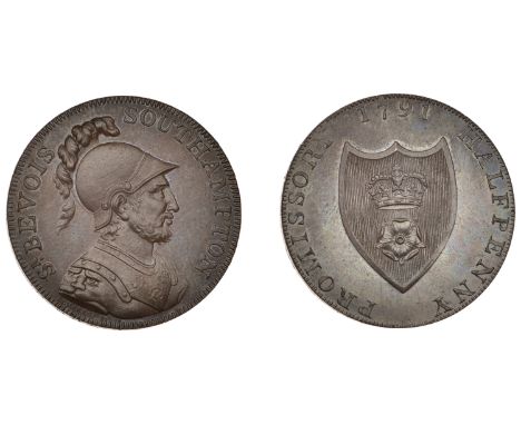18th Century Tokens, HAMPSHIRE, Southampton, Taylor, Moody & Co, Boulton’s Halfpenny, 1791, bust of Sir Bevois in helmet righ