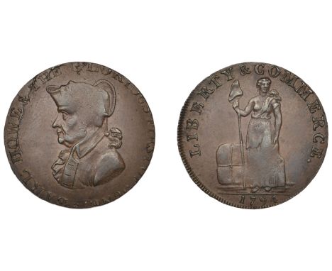 18th Century Tokens, HAMPSHIRE/U.S.A., Emsworth, Kempson’s mule Halfpenny, 1794, bust of Earl Howe left in hat, rev. from an 