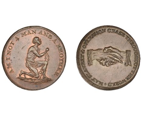 18th Century Tokens, Unlocalised issues, Lutwyche’s Anti-Slavery Halfpenny, chained negro kneeling, rev. clasped hands, reads