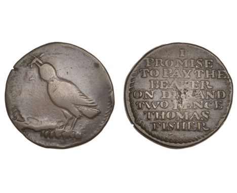 18th Century Tokens, Co DOWN, Newtownards, Thomas Fisher, Twopence, kingfisher standing left, rev. legend in 8 lines, edge pl