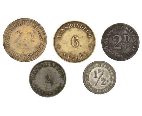 Miscellaneous Tokens and Checks, Co DOWN, Castlewellan, Annsborough Stores, brass 6 [Pence] and 2 [Pence], 25 and 22mm (Woods