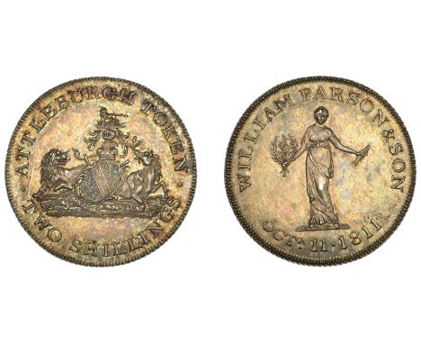 Norfolk, Attleborough, William Parson & Sons, Halliday’s Two Shillings, 1811, arms and supporters, rev. standing female, h on