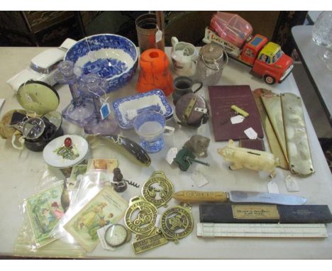 A vintage lucky mixer tin plate mixer lorry, vintage postcards and ephemera, mixed glass to include an early 20th century ora