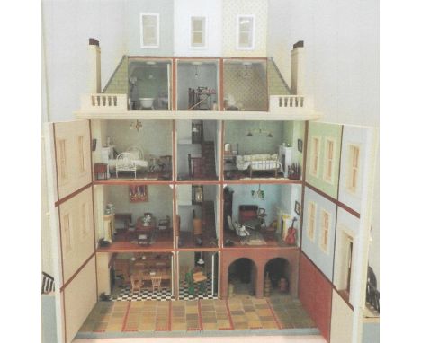 A Georgian style dolls house with lighting, 140cm h x 30cm d x 86 cm w, together with contents to include 19th and 20th centu