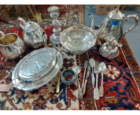A quantity of 19th century and later silver plated items to include a Sheffield plated on copper telescopic candlestick, thre