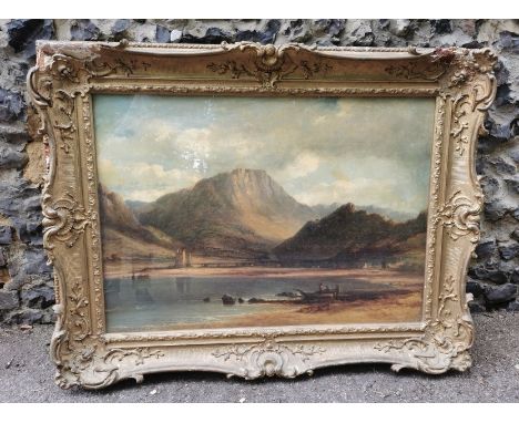 James Poole (1804-1886) Britishdepicting a lakeside landscape by Moy Castle, signed lower right, oil on canvas, 64 cm x 90 cm