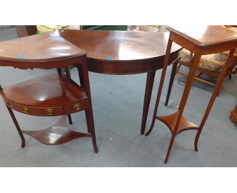 A 19th/20th century mahogany furniture to include an Edwardian plant stand, a corner two tier table and a demi lune table, Lo