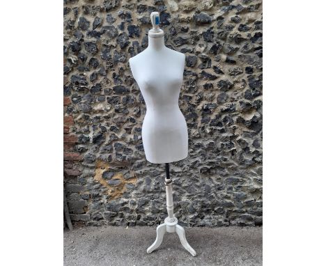 A vintage cloth mannequin on white painted and adjustable treen support, 173cm High. Location:BWR 