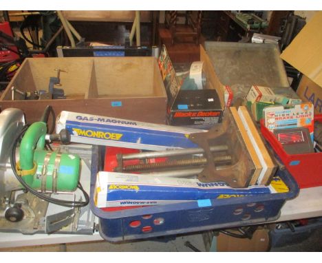 A quantity of various tools to include vices, Black &amp; Decker work wheel power stripper and sander, Halfords high level br