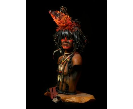Brian Tozer (b.1944). Pehriska-Rupa (Two Ravens) Chief of the Hidatsa Dog Dancers, stoneware clay, leather, mounted, 80cm.
To