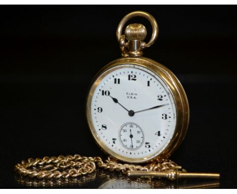 An Elgin gold plated open faced pocket watch, white dial, Arabic numerals, minute track, subsidiary seconds, button wind move
