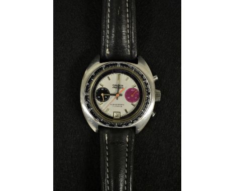 Gruen  - a retro 770 CA Precision chronograph wrist watch, silver panda dial, applied gold baton hour-markers, chronograph re