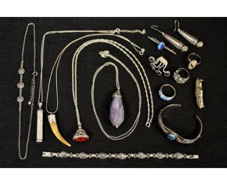 Jewellery - a silver and raw amethyst drop pendant;  a seal fob pendant;  others;  Celtic knot brooch;  others; dress rings, 