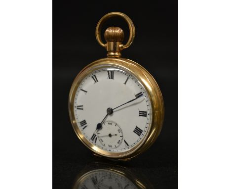 A gold plated open face Dennison Moon pocket watch, white dial, bold Roman Numerals, minute track, subsidiary seconds, blued 
