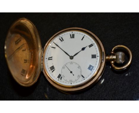 A George V 9ct gold hunter pocket watch, white dial, Roman numerals, minute track, subsidiary seconds, blued hands, button wi