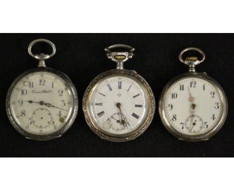 A Tavannes continental silver & niello open face pocket watch, cream dial, 24 hour Arabic numerals, minute track, subsidiary 