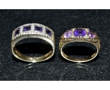 An amethyst and white sapphire dress ring, four princess cut pale amethysts individually set within a white sapphire encruste