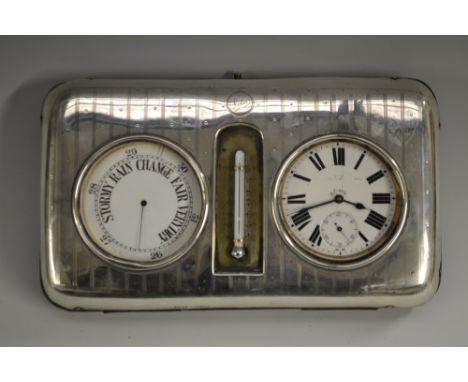 An Edwardian silver mounted green leather travelling deck top clock barometer thermometer, the silver mounted case, Synyer & 