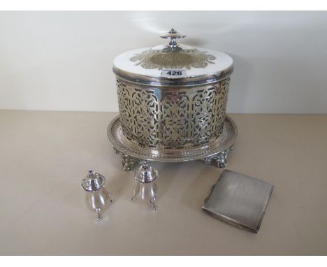 Two silver peppers, a silver cigarette case and a plated biscuit barrel - silver weight approx 4.6 troy oz - all clean condit