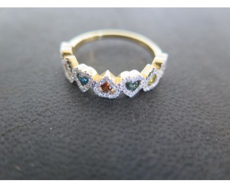 A 9ct yellow gold multi-coloured diamond ring set in heart shaped mounts, size Q-R, approx 0.70cts, weight approx 2.8 grams -