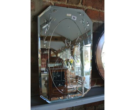 A Frame-less 1930's Bevel edged mirror depicting crinoline lady etching - 64cm x 38cm - good condition 