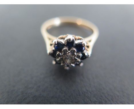 A 9ct Yellow Gold Dress Ring - the central small diamond surrounded by eight small sapphires, size L-M, light surface scratch