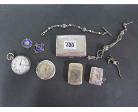 A Silver Cigarette Case, a Silver Vesta, a Silver Compact, a Silver Watch and two Fobs, two Watch Chains and a plated Vesta -