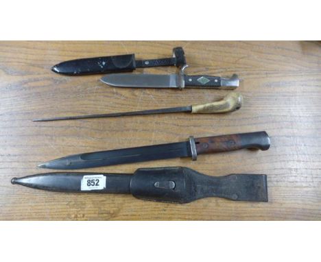 A German Bayonet, a Scout Knife and a Swordstick End - blades in good condition - sword stick shows some mild corrosion 