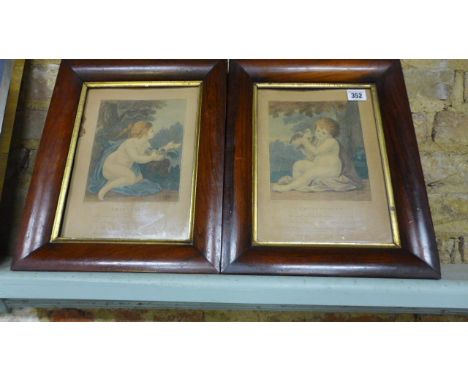 A pair of Bartolozzi Mezzotint of Cherubs in rosewood frames - 37.5cm x 29.5cm 