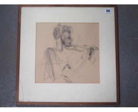 A Charcoal Portrait on Paper 'The Violinist' by Miss Miller, 47cm x 47cm 