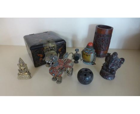 A collection of 8 Eastern items to include a bronze Ganesh, 9cm tall and a carved brush pot, 13cm tall and a jewellery box, c