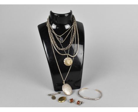 A Collection of Silver Jewellery to Comprise Chains, Lockets, Pendant, Bangle, Amber and Silver Mounted Stud Earrings etc 