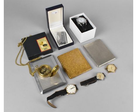 A Collection of Various Wrist Watches, Brass Cased Compass, Ronson Pocket Lighter, Cigarette Cases 