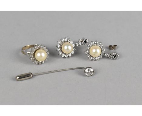 A White Metal, Pearl and White Stone Mounted Ring Together with Matching Earrings and a Stick Pin 