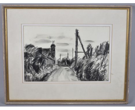 A Framed Charcoal Sketch of Rural Lane by Neil Carrell Born 1958, Welsh Artist, 34x23cms 