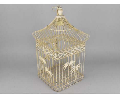 A Cream Painted Wire Birdcage Converted to Ceiling Light Fitting, 49cms High 