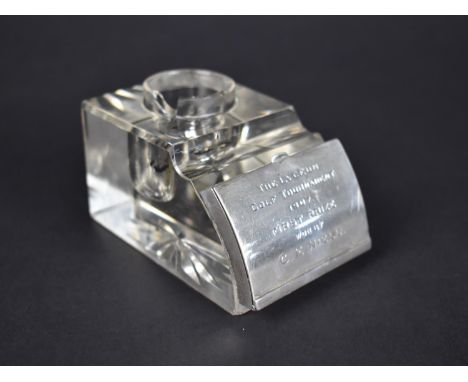 A Glass and Silver Presentation Inkwell by John Grinsell &amp; Sons, the Hinged Flap Opening to Reveal Double Stamp Store and