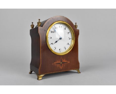 An Inlaid Edwardian Mahogany Mantel Clock with Ormolu Ogee Bracket Feet and Vase Finials, Movement Overwound, 17.56cms High 