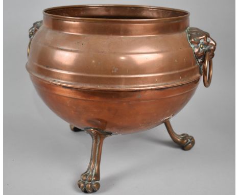 A Late 19th/Early 20th Century Copper Planter of Cauldron Form with Lion Mask Ring Handles and Three Claw Feet, 33cms Diamete