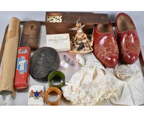 A Tray of Curios to include Decorated and Painted Wooden Clogs, Babies Bib and Bonnet, Bone Dominoes, Milk Thermometer, Mouth