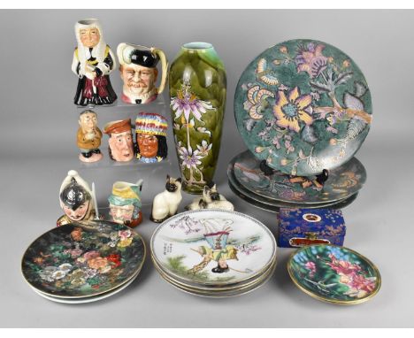 A Collection of Various Ceramics to Comprise Chinese Plates, Collectors Plates, Beswick Cats, Tube Lined Vase, Character Jugs