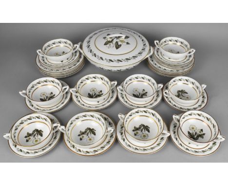 A Royal Worcester 'Bernina' Pattern Soup Set to Comprise Twin Handled Soup Bowls, Saucers, Side Plates and a Tureen (Some con