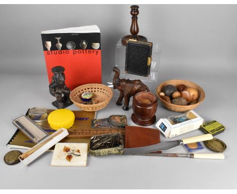 A Collection of Various Sundries to Comprise various Treen, Enamel Trinket Box, Candlestick, Tooled Leather Holy Bible Etc 