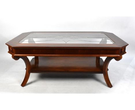 A Modern String Inlaid Mahogany Rectangular Coffee Table with Stretcher Shelf, 127x81cms 