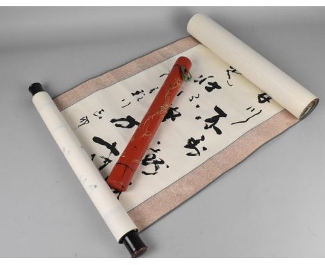 A Chinese Calligraphy on Paper Scroll Together with a Red Lacquered Canister 