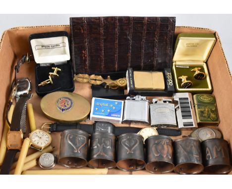 A Collection of Sundries to include Pocket Lighters, Gents Cufflinks, Sovereign and Half Sovereign Scale, Napkin Rings, Wrist