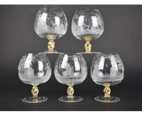 A Set of Five Italian Etched Glass Brandy Balloons with Classical Scene Depicting Maiden and Dandy in Garden Setting with Dog