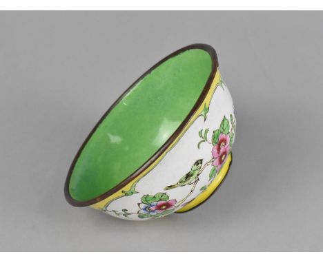 A Chinese Enamel on Copper Bowl Decorated in the Famille Rose Palette with Cartouches on Yellow Ground and Green Ground Inner