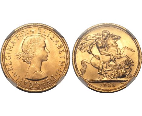 UNITED KINGDOM. Elizabeth II, 1952-2022. Gold sovereign, 1958. Royal Mint. First, laureate head of Elizabeth II facing right;