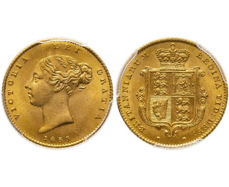 UNITED KINGDOM. Victoria, 1837-1901. Gold half-sovereign, 1853. London. First small young head of Victoria facing left, hair 